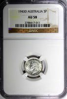 AUSTRALIA George VI Silver 1943D  3 Pence NGC AU58  KM# 37  (011)