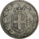 Italy Umberto I Silver 1899 R 2 Lire 27 mm Better Date SCARCE KM# 23 (19 324)