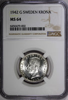 SWEDEN Gustaf V Silver 1942 G 1 Krona NGC MS64 KEY DATE RARE KM# 786.2 (002)