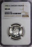 SWEDEN Gustaf V Silver 1942 G 1 Krona NGC MS64 KEY DATE RARE KM# 786.2 (002)