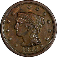 US Copper 1855 Braided Hair Large Cent 1 c. (13 771)