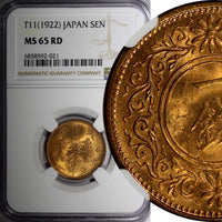 JAPAN Taishō Bronze T1 (1922)  1 Sen NGC MS65 RD NICE RED Y# 42 (021)