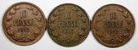 Finland Nicholas II Copper LOT OF 3 COINS 1915 10 Penniä  KM# 14 (20 897)
