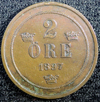SWEDEN Oscar II Bronze 1897 EB 2 Ore Large Letters KM# 746  (23 110)