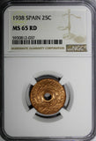 SPAIN II Republic Copper 1938  25 Centimos 1 Year Type NGC MS65 RD KM# 757 (7)