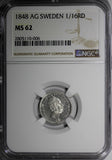 Sweden Oscar I Silver 1848 AG 1/16 Riksdaler NGC MS62 NICE COIN KM# 665
