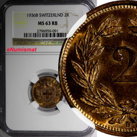 Switzerland Bronze 1936 B 2 Rappen NGC MS63 RB RED Mintage-500,000 KM4.2a (091)