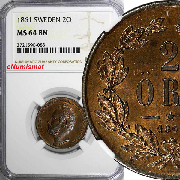 Sweden Carl XV Bronze 1861 2 Öre NGC MS64 BN NICE TONED TOP GRADED BY NGC KM#706