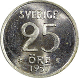 Sweden Gustaf VI Silver 1957 TS 25 Öre GEM BU COIN KM# 824 (22 021)