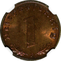 Germany-Third Reich Bronze 1939 F 1 Reichspfennig NGC MS65 RB TOP GRADED KM89(1)