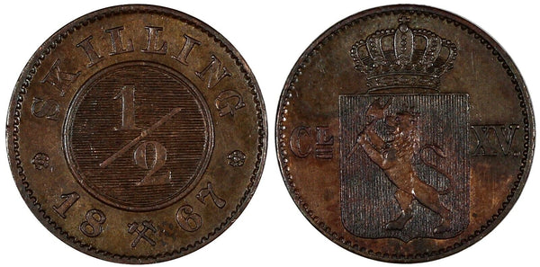 Norway Carl XV Copper 1867 1/2 Skilling 1 Year Type KM# 329 (20 792)