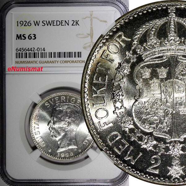 Sweden Gustaf V Silver 1926 W 2 Kronor NGC MS63 Mintage-221 577 KM# 787 (014)