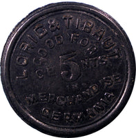 Costa Rica 1890'S Black VulcaniteToken Lorig&Tibaut Hacienda GERMANIA 5 Cents