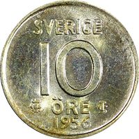 Sweden Gustaf VI SILVER 1956 10 Öre UNC  KM# 823 (22 095)