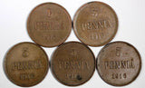 Finland Nicholas II Copper LOT OF 5 COINS 1916 5 Pennia KM# 15 (19 731)