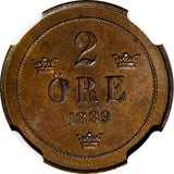 SWEDEN BRONZE Oscar II 1889  2 Ore NGC MS64 BN  21mm Mintage 589,000 KM# 746 (6)