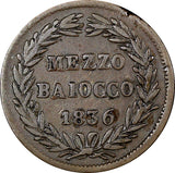 Italian States PAPAL STATES Mezzo 1836 1/2 Baiocco KM# 1319 Ex. Eklund Coll (8)