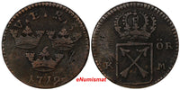 Sweden  1719 1 Ore KM.Overstruck 1718 1 Daler SM SCARCE KM# 364.2 (10 344)