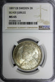 SWEDEN Silver Jubilee Oscar II 1897 EB 2 Kronor NGC MS65 KM# 762 (018)