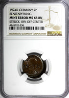 Germany-Weimar Bronze 1924 D 2 Rentenpfennig NGC MINT ERROR MS63 BN KM#31 (236)