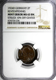 Germany-Weimar Bronze 1924 D 2 Rentenpfennig NGC MINT ERROR MS63 BN KM#31 (236)