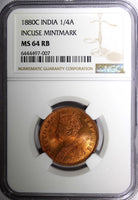 India-British Victoria 1880 (C) 1/4 Anna Incuse Mintmark NGC MS64 RB KM# 486(7)