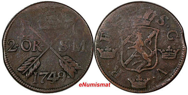 Sweden Fredrik I Copper 1749 2 Ore, S.M.Silvermynt Mintage-313,000 KM#437 (318)