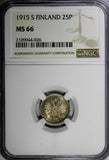 Finland Nicholas II Silver 1915 S 25 Pennia NGC MS66 WWI GEM BU KM #6.2 (026)