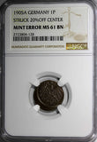 Germany-Empire Wilhelm II Copper 1905 A 1 Pfennig MINT ERROR NGC MS61 BN KM10(8)