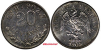 Mexico Silver 1904 Cn H 20 Centavos Choice Unc Culiacan Mint  KM# 405 (11 286)