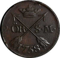SWEDEN COPPER Adolf Frederick 1758 2 Ore,S.M Mintage: 91,000 SCARCE KM#461 14560