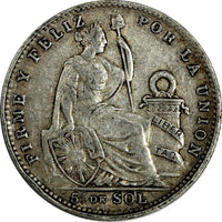 Peru Silver 1916 FG 1/5 Sol Mintage-425,000 "LIBERTAD" KM# 205.2 (19 389)