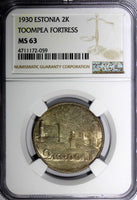 ESTONIA Silver 1930 2 Krooni NGC MS63 Toompea Fortress at Tallinn 1 YEAR KM20(9