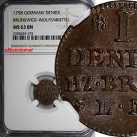 Germany BRUNSWICK-WOLFENBÜTTEL Karl Copper 1758 Denier NGC MS63 BN KM# 948 (173)