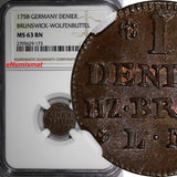 Germany BRUNSWICK-WOLFENBÜTTEL Karl Copper 1758 Denier NGC MS63 BN KM# 948 (173)