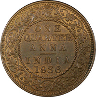 India-British George V Bronze 1936 (B) 1/4 Anna UNC Toned KM# 512  (22 302)