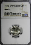 Switzerland Silver 1957 B 1/2 Franc Standing Helvetia NGC MS65 KM# 23 (005)