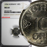 Norway Haakon VII Copper-Nickel 1954 10 Ore NGC MS64 KM# 396 (087)