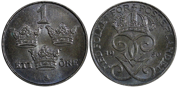 Sweden Gustaf V Iron 1950 1 Öre GEM BU  KM# 810 (21 867)