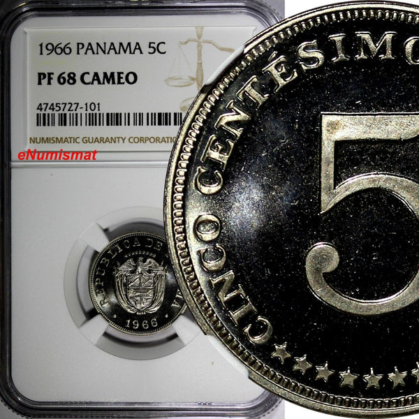 Panama PROOF 1966 5 Centesimos NGC PF68 CAMEO TOP GRADED BY NGC KM# 23.2 (101)