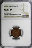 Finland Copper 1922 5 Penniä NGC MS63 BN TOP  GRADED KM# 22 (027)