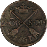 SWEDEN Adolf Frederick Copper 1761 SM 2 Ore Mintage-422,000 KM# 461 (19 619)