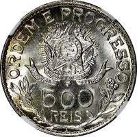 Brazil Silver 1913 A 500 Reis NGC MS64 Light Toning BU Berlin Mint KM# 512 (034)