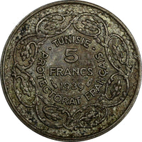 Tunisia  Silver 1358 (1939) 5 Francs Paris Mint 1 YEAR TYPE  KM# 264 (971)