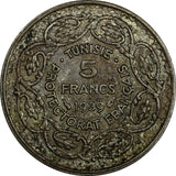 Tunisia  Silver 1358 (1939) 5 Francs Paris Mint 1 YEAR TYPE  KM# 264 (971)