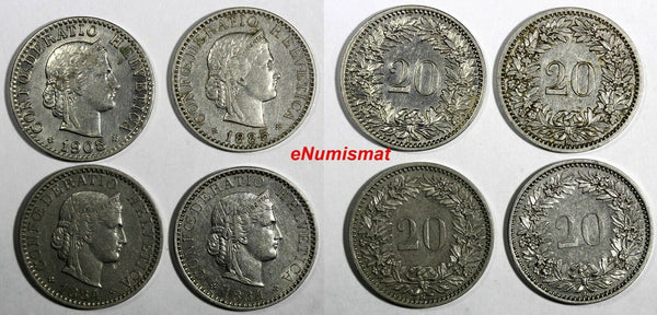 Switzerland LOT OF 4 COINS 1884-1908 (B) 20 Rappen HELVETICA VF-XF KM# 29(044)