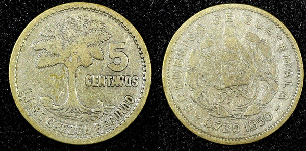 GUATEMALA Silver 1950 5 Centavos 1st Year Type Mintage-453,000 KM# 257.1  (863)
