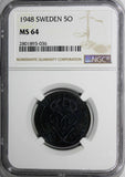 Sweden Gustaf V Iron 1948 5 ORE NGC MS64 BU COIN 27 mm KM# 812