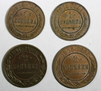 RUSSIA Nicholas II Copper LOT OF 4 COINS 1914-1916 1 KOPECK,2 KOPECK Y#9.2;Y#9.3