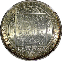 SWEDEN Silver 1932 G 2 Kronor NGC MS65 Death of Gustaf II Adolf BU KM# 805 (6)